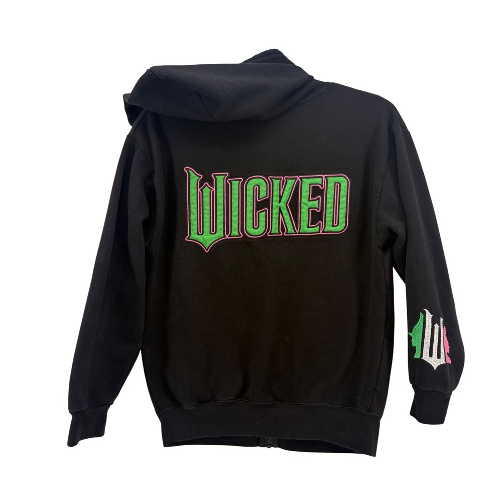 Wicked The Musical Zip Up Hoodie XS‎ Black Embroidered Broadway Merch Faded